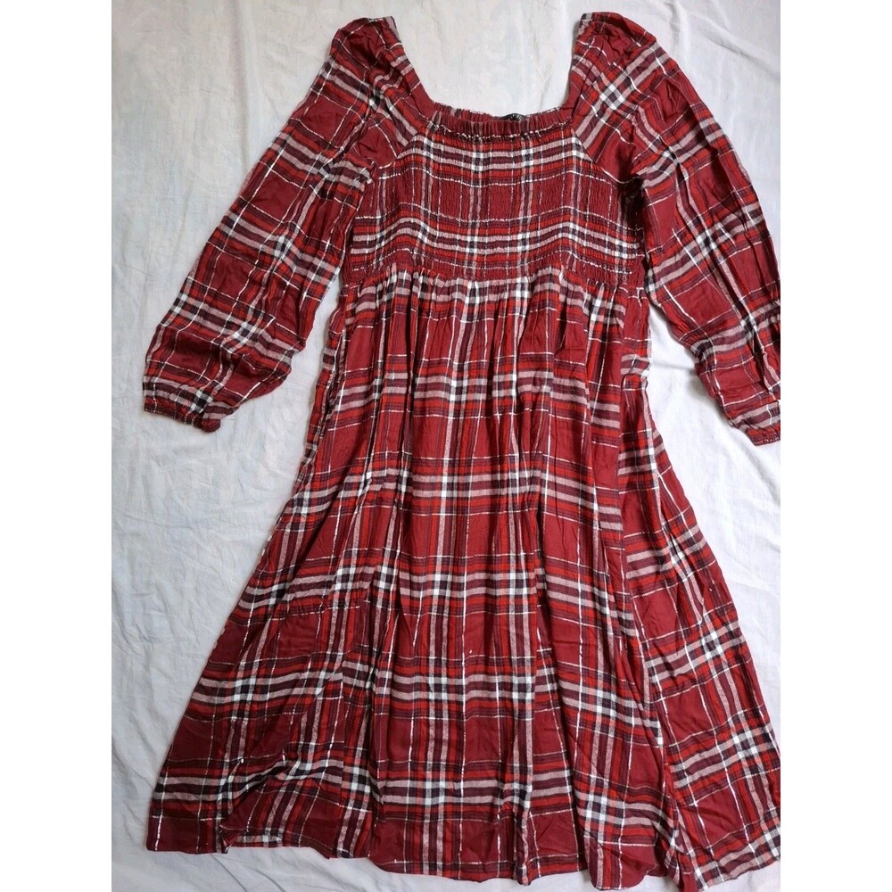 Lane Bryant Dress Red Plaid Square Neck Smocked Balloon Sleeves Womens 18/20 NWT - Picture 12 of 14
